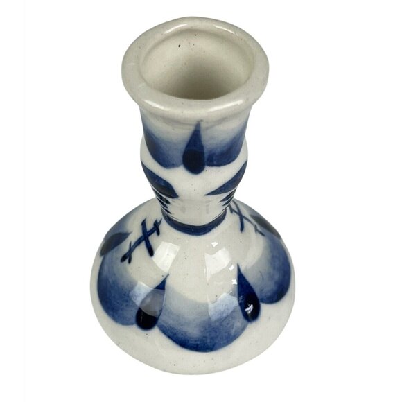 Hand-Painted Blue & White Ceramic Miniature Candleholder Signed K - Picture 4 of 9